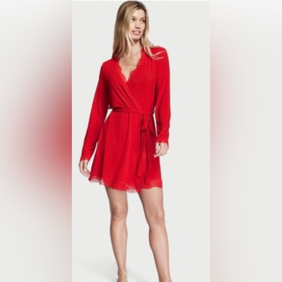 NWT Victoria’s Secret Red Modal Robe with Tie Closure & V-Neck. Lace Details - Picture 1 of 17